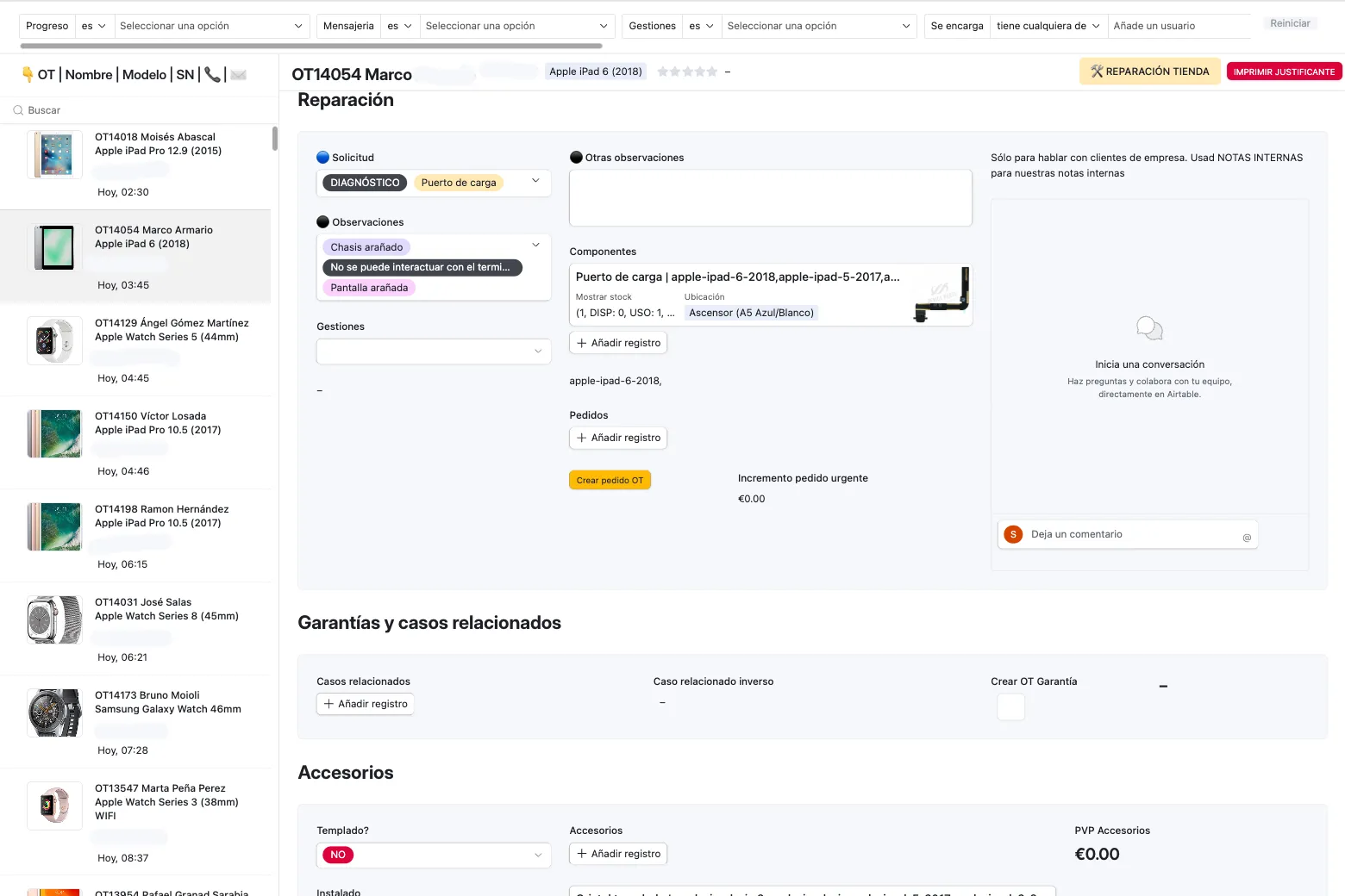 Airtable interface — repair tab with parts, warranties and accessories