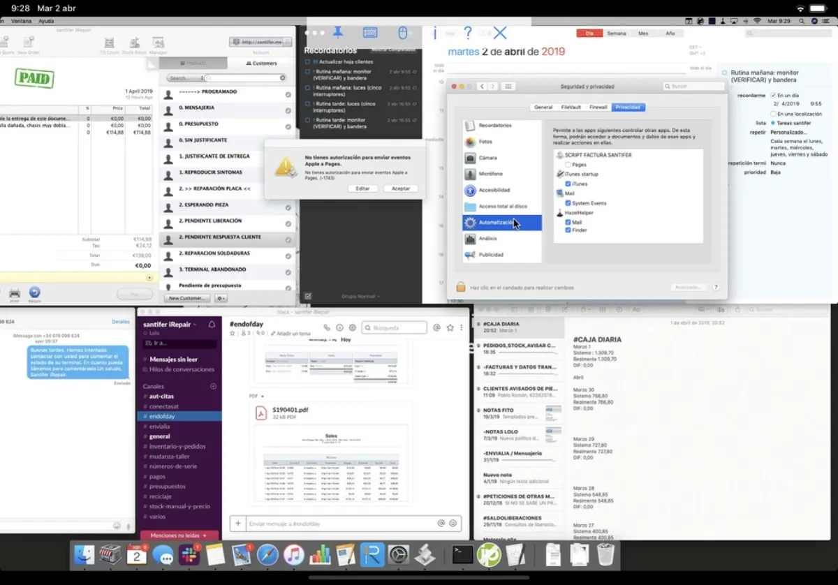 Checkout POS, Slack, invoicing scripts and reminders — all open at once