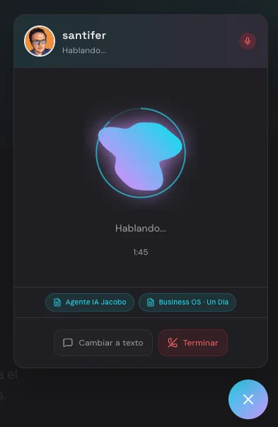 Voice mode: animated VoiceOrb, 1:45 timer, source badges linking to AI Agent Jacobo and Business OS