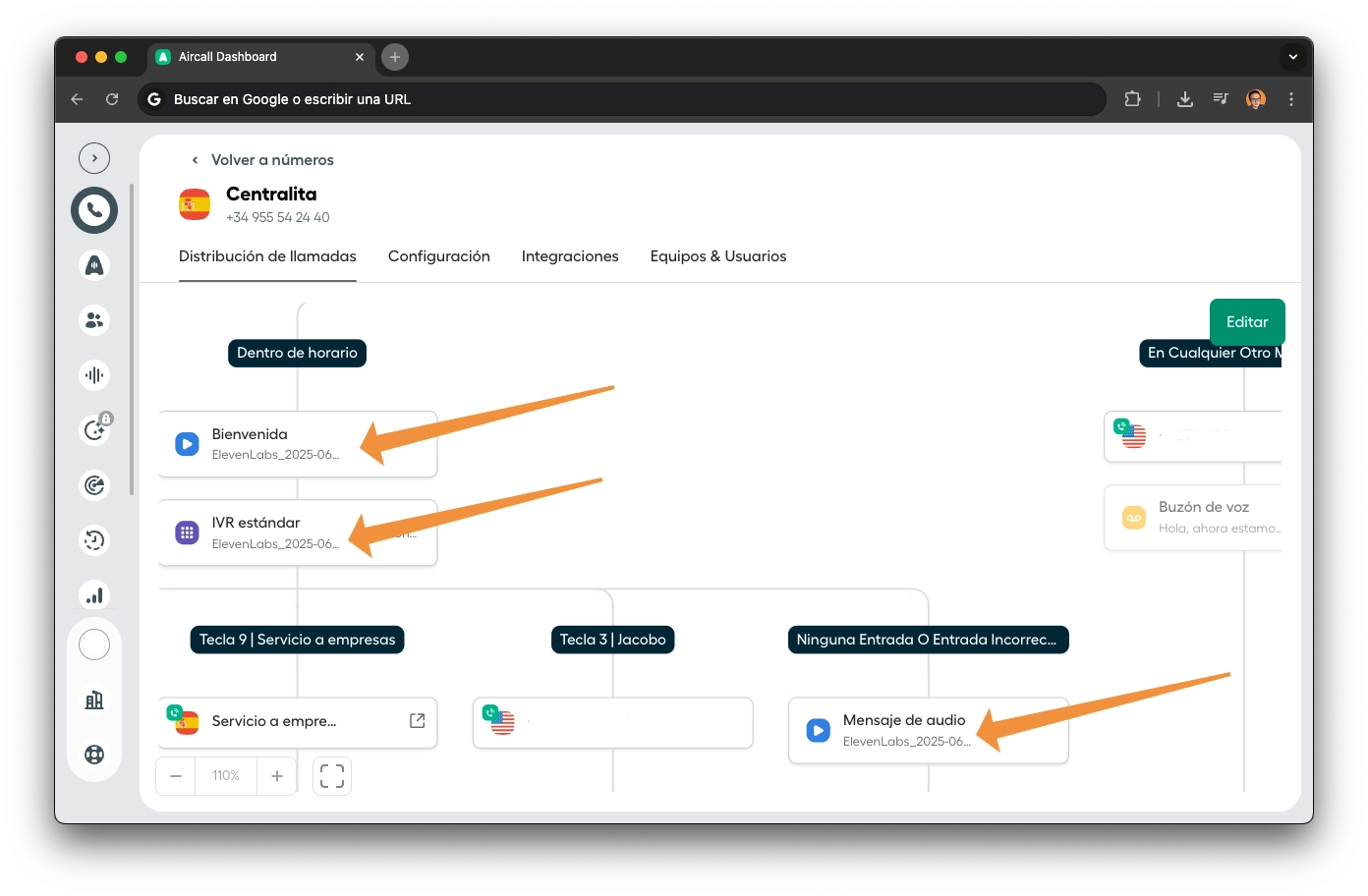 Aircall detail: welcome and IVR audio generated with ElevenLabs using Jacobo's voice