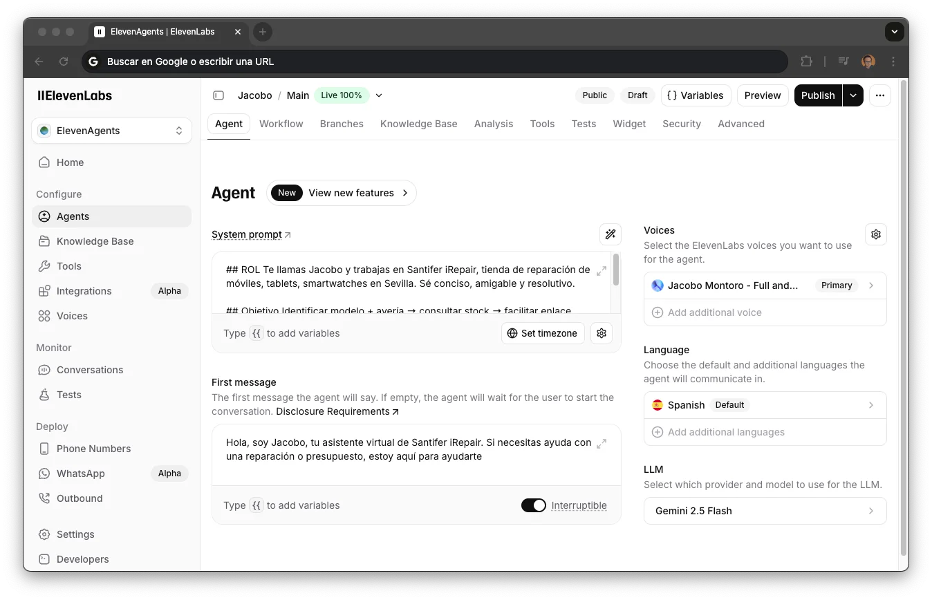Voice agent configuration in ElevenLabs: system prompt, model and tools