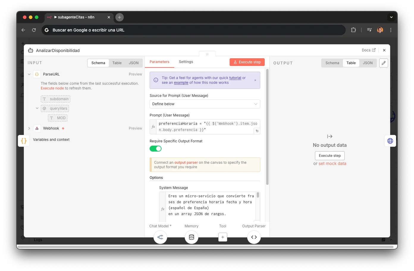 AnalizarDisponibilidad node in n8n: LLM agent with temporal rules