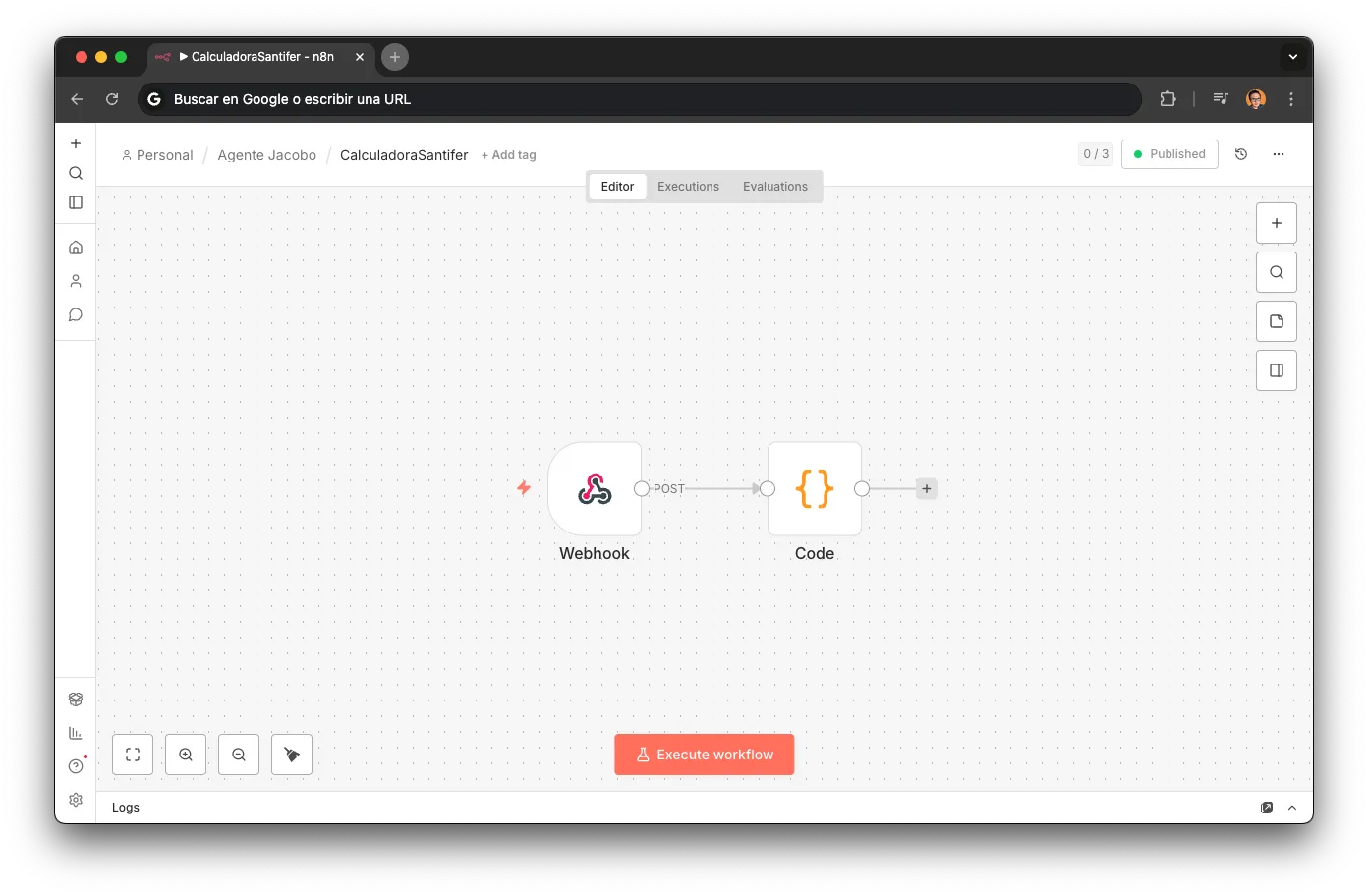 Discount Calculator workflow in n8n: Webhook → Code (discount logic) → Response