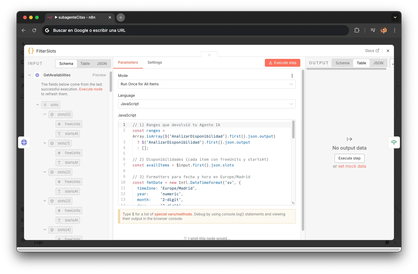 FilterSlots node in n8n: intersection of LLM ranges and YCBM slots