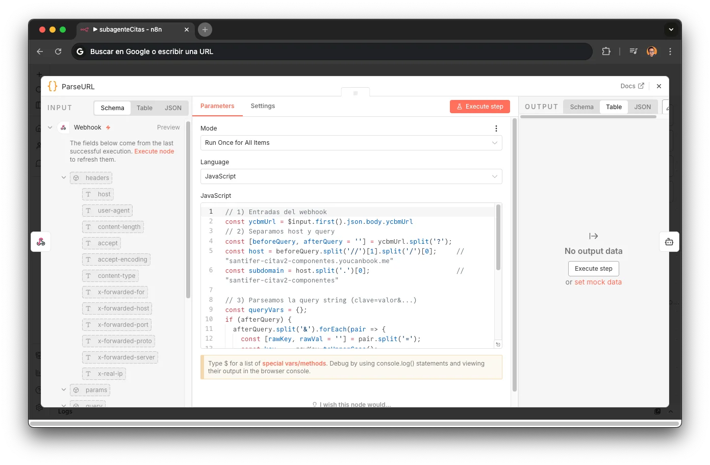 ParseURL node in n8n: extracts subdomain and query params