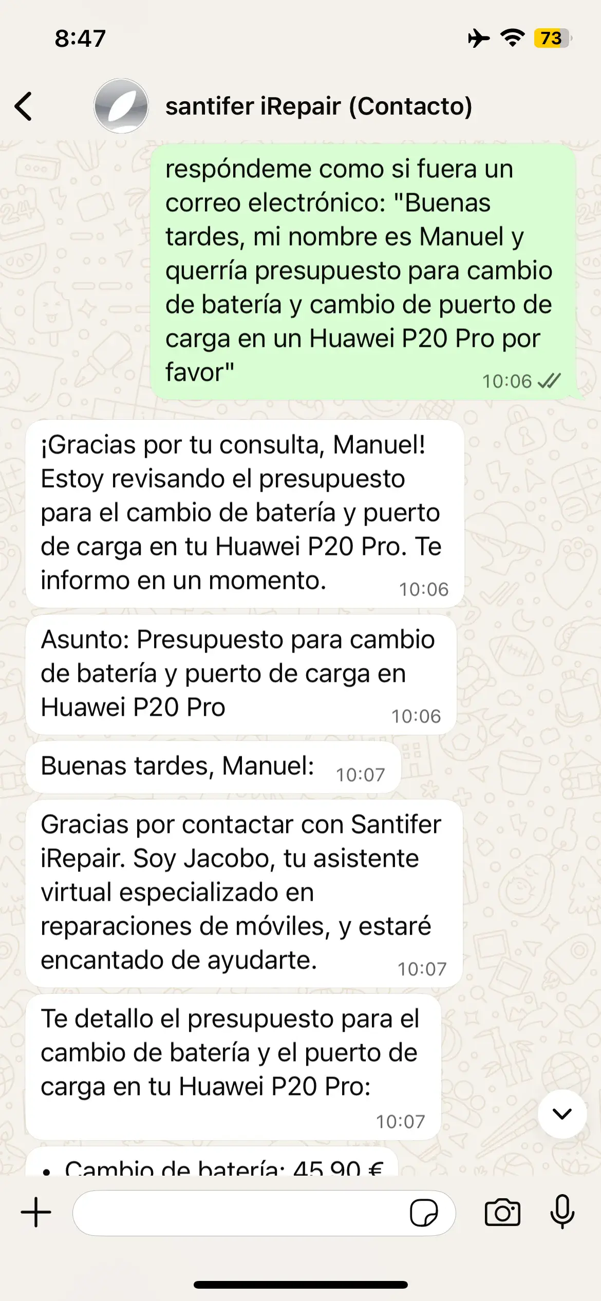 Jacobo responds as formal email: subject line, greeting, Huawei P20 Pro quote