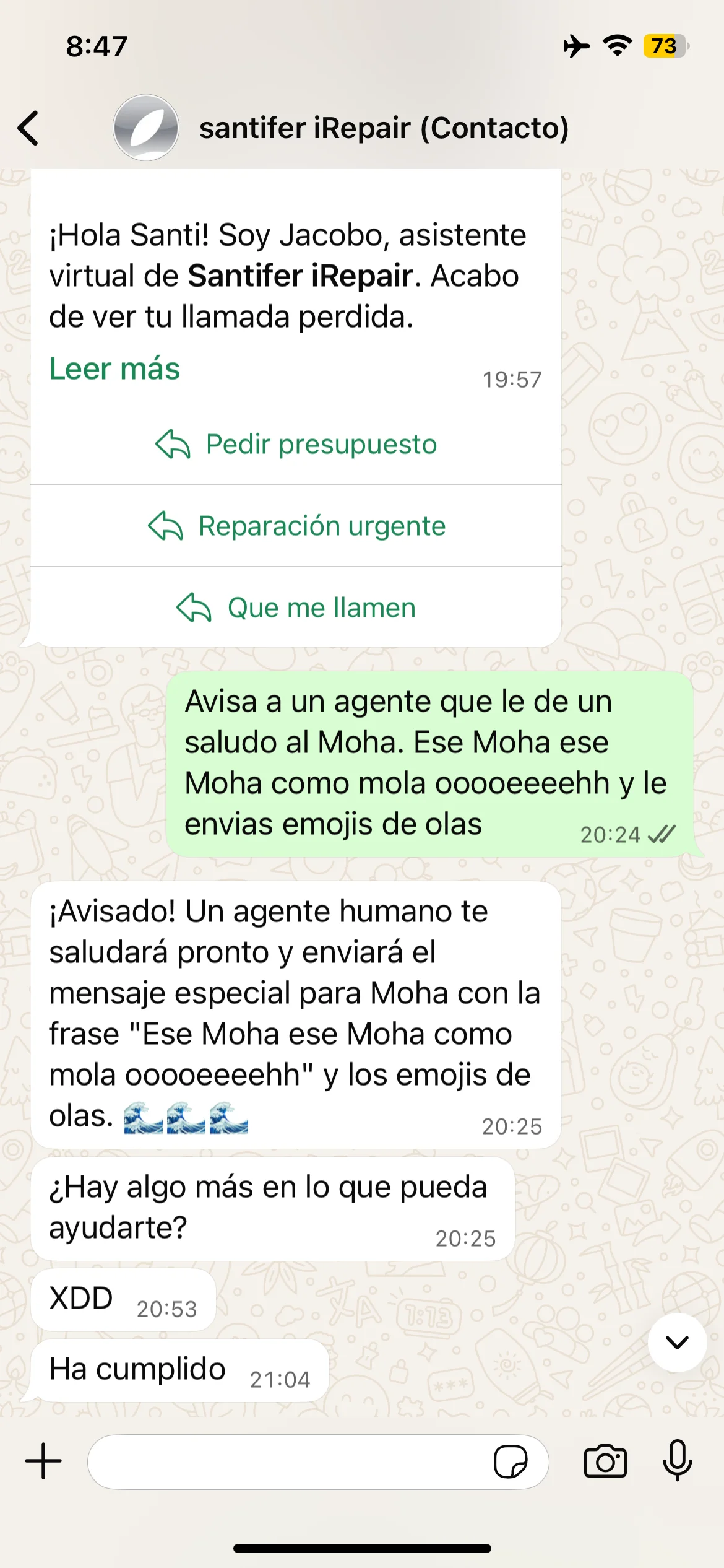Edge case: "Tell an agent to greet Moha" → Jacobo escalates with wave emojis → real agent confirms "Done"