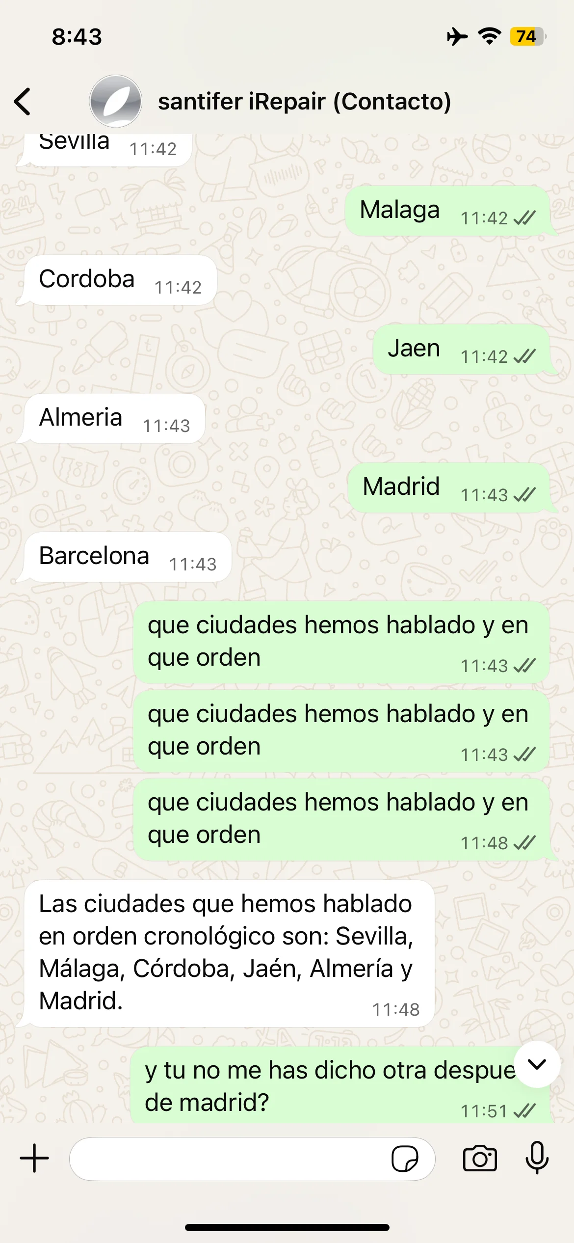 Cities test: Seville, Madrid, Barcelona — correct recall